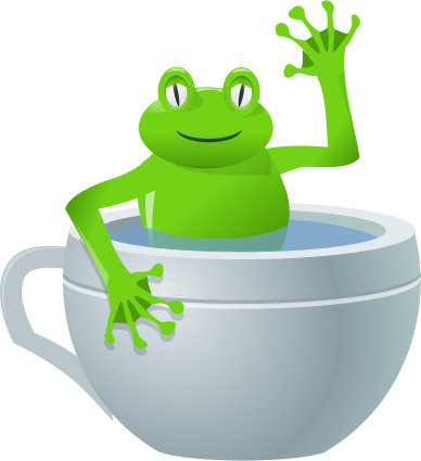 A cheerful frog sitting in a teacup